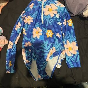 SHEIN Blue and Pink Rashguard Swimwear with Tropical Floral Design